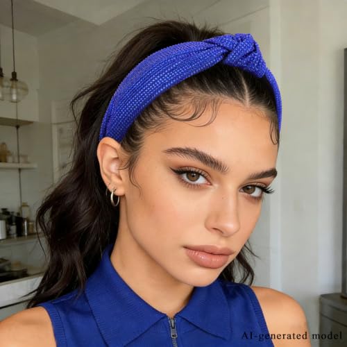 Royal Blue Rhinestone Knotted Headband for Women - Non-Slip Wide Hair Band