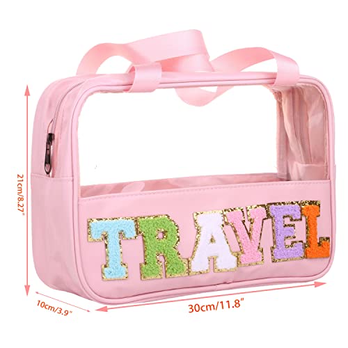 Clear Travel Makeup Bag with Chenille Letter Patch - Large Toiletry Tote
