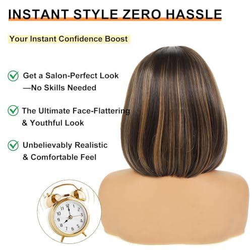 Brown Blonde Highlight Bob Wig with Bangs - Synthetic Wig for Women