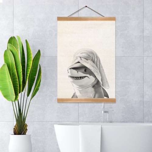 Funny Shark Bathroom Wall Art - 12x16 Inch Linen Poster