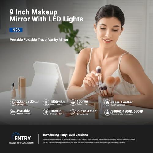 NEWER 9-Inch Lighted Makeup Mirror with Touch LED, 7.9 x 5.3 Inch Portable Vanity, Rechargeable, 3 CCT Modes, CRI90, Travel-Friendly
