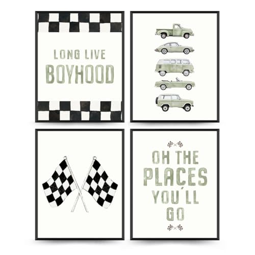 Sage Green Race Car Wall Art Prints Set of 4 for Boys