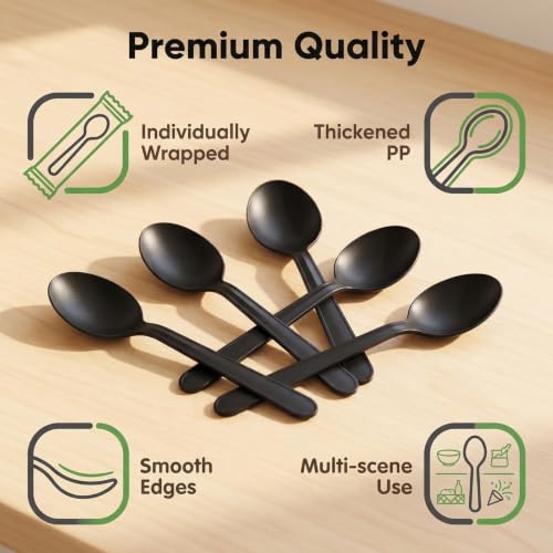 Heavy Duty Recyclable Spoons - 100 Pack, Individually Wrapped Utensils for Parties & Catering