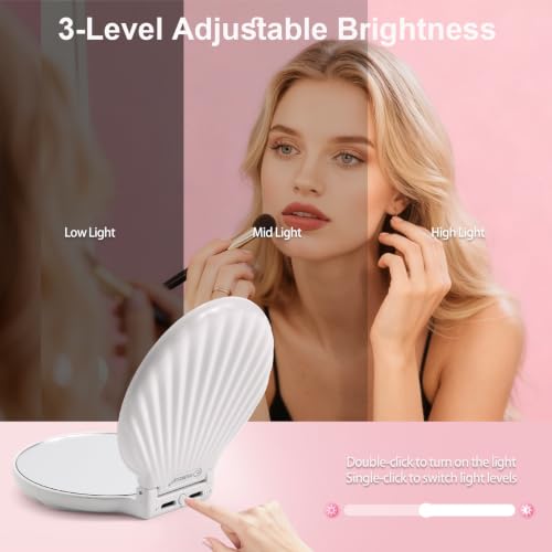 3.5" Compact Makeup Mirror with Lights - 2-Sided Folding, Shatterproof, Unique Shell Design, Gifts for Women