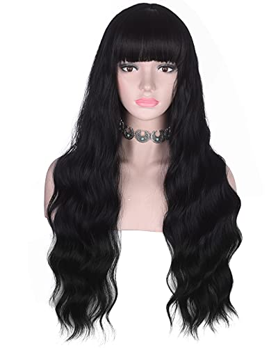 AMZCOS 30-Inch Long Wavy Black Wig with Bangs - Heat Resistant Synthetic