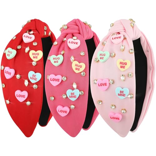 Daifunli 3-Pack Valentine's Day Heart Headbands for Women, Pink, Red & Rose Red