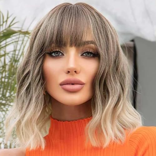 ATAYEA 14-Inch Short Wavy Bob Wig with Bangs - Honey Blonde Synthetic Hair