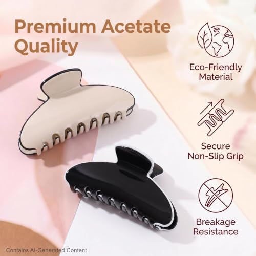 Eyegla 2 Pack Large Acetate Hair Claw Clips for Women - White-Black Contrast, 4 Inch