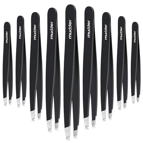Mudder 12 Pcs Eyebrow Tweezers Set for Facial Hair Stainless Steel Slanted Tip Tweezers in Bulk for Men and Women(Black)