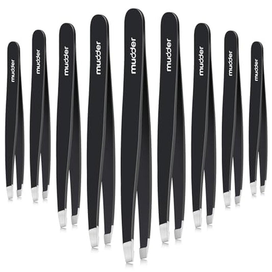 Mudder 12 Pcs Eyebrow Tweezers Set for Facial Hair Stainless Steel Slanted Tip Tweezers in Bulk for Men and Women(Black)