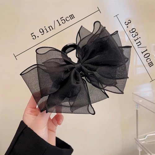 Large Black Mesh Tulle Bow Hair Claw Clips with Diamonds - 2 PCS