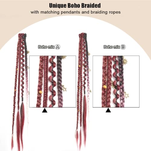 Eliza 16-Inch Boho Braid Hair Extensions - Burgundy & White Clip-In Set