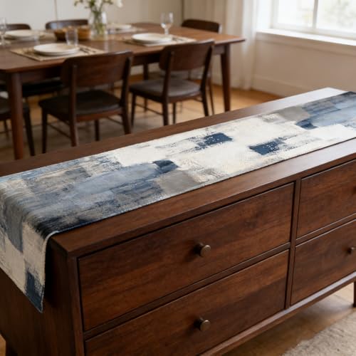 Blue and White Abstract Table Runner - 13x72 Inch Polyester Home Decor