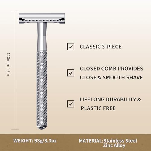 Gearhub 3-Piece Double Edge Safety Razor - Stainless Steel Silver Shaver
