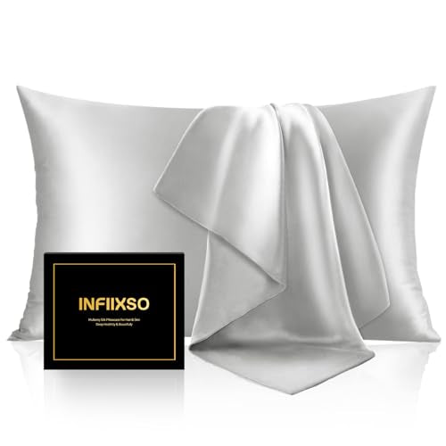 INFIIXSO King Size Mulberry Silk Pillowcase - Light Grey, Soft & Cooling
