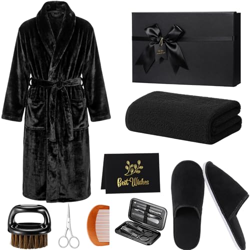 Hercicy 9 Packs Birthday Gifts for Men, Father Day Beard Care Ideas Set, Graduation Beard Grooming Bath Robe Slippers Nail Care Kit Towel Men's Gift Box for Husband Brother Dad(Black,Plush)