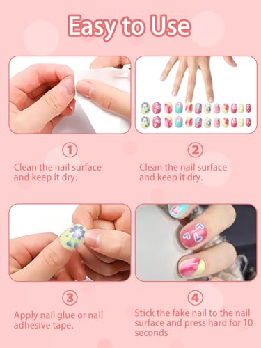 Wsimily 120Pcs Kids Colorful Short Fake Nails Set - Safe Acrylic Nail Art Kit - Variation A