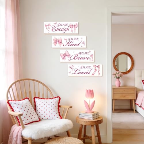 4-Piece Pink Bow Wall Decor Set with Positive Affirmations