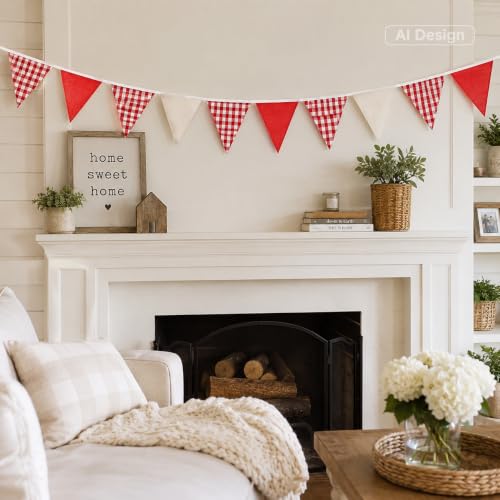 G2PLUS Red and White Gingham Bunting Banner - 32Ft Cotton Garland for Parties