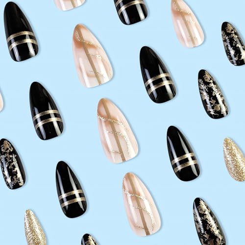 Medium Almond Press On Nails with Gold Foil - 24Pcs
