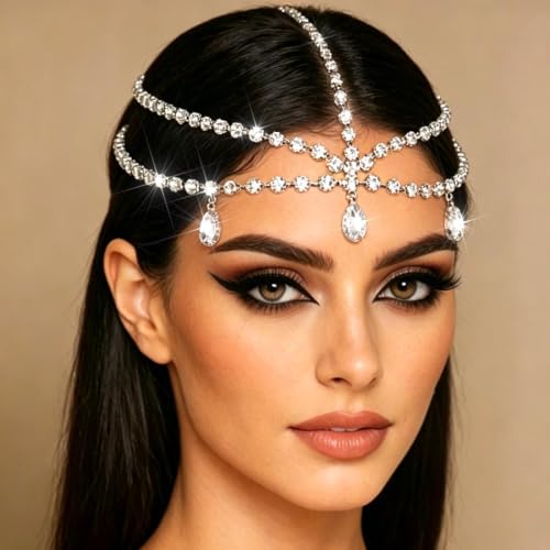 Yalice Silver Layered Head Chain with Rhinestones - Adjustable Bridal Hair Jewelry