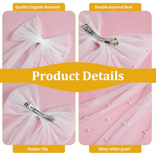 White Hair Bow Veil with Large Pearl Hair Pins for Brides