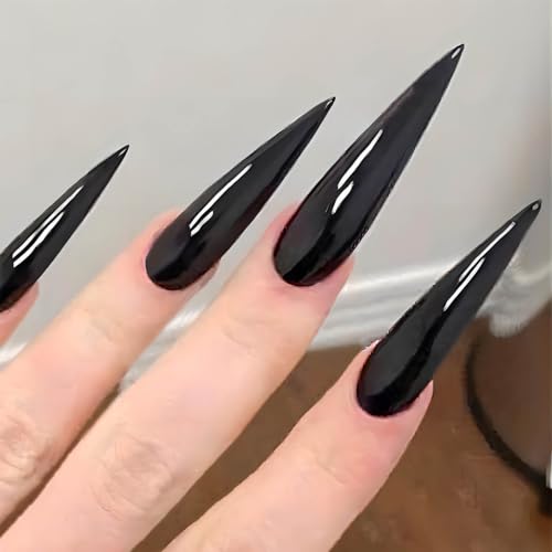 QQPPOLIU Long Stiletto Black Press-On Nails - 24 Pack, Glossy Fake Nails for Manicure