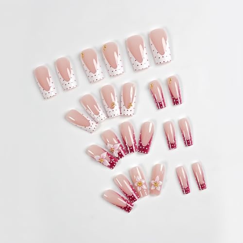 24Pcs Pink Flower Press On Nails with 3D Gold Rhinestones