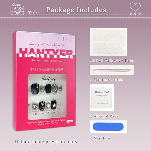 Hantyer Short Square Press On Nails Metal M Dark Glam with Silver 3D Stars