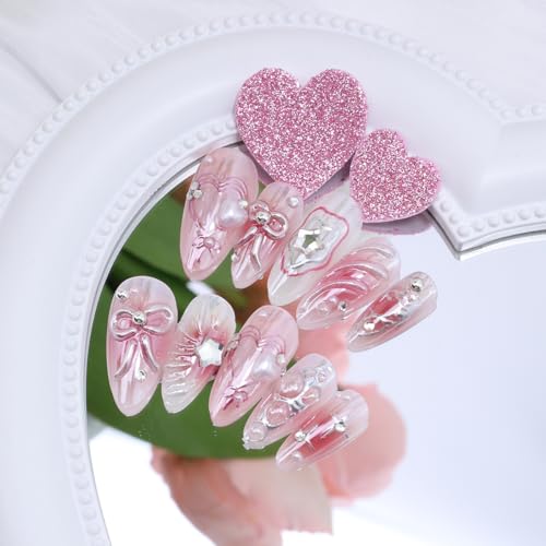 Pink Heart Bow Star-4 Medium Almond Press On Nails with Rhinestones & Pearls, Valentines Fake Nails Set