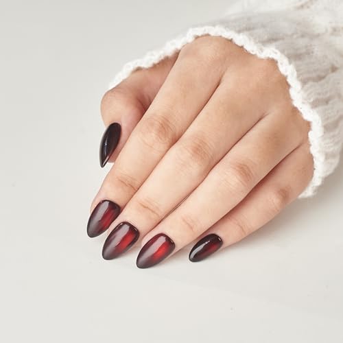 Nailique Short Almond Press On Nails - Handmade Black Red Cat Eye Soft Gel