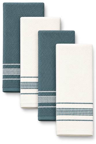 MosJos Cotton Kitchen Towels - Blue & White Stitched Design, 4-Pack, Super Absorbent 18x28