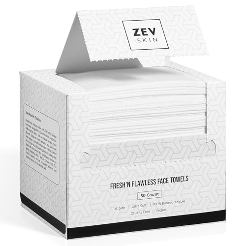 Zev Fresh’n Flawless Disposable Face Towels - XL Biodegradable Makeup Remover Wipes, Ultra-Soft & Gentle, 50 Ct