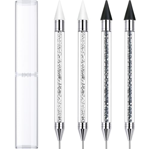Tatuo 4 Pcs Rhinestone Picker Dotting Pen Set – Dual-Ended Wax & Stainless Tips (White + Black)