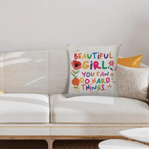 Beautiful Girl You Can Do Hard Things Inspirational Pillow Cover - 18x18