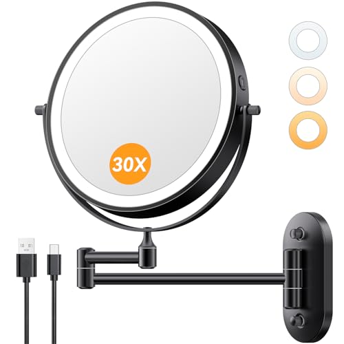 Auxmir 1X/30X Wall Mounted Lighted Makeup Mirror, 8" Rechargeable Double-Sided Magnifying Mirror with Light, Touch Dimmable 3 Color Light, 360¡Æ Rotation Foldable Extended Arm, Black