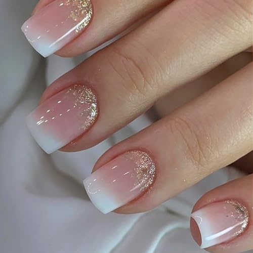 24 Pcs French Tip Press On Nails - Short Square Pink White Gradient