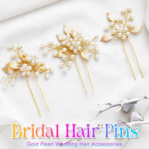 Heread Pearl Bridal Hair Pins Leaf Design Gold 3-Pack for Wedding & Special Occasions