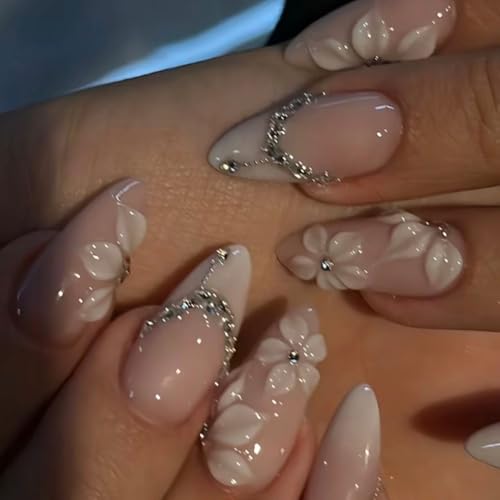 24 Pcs White Almond French Tip Press on Nails with Rhinestones