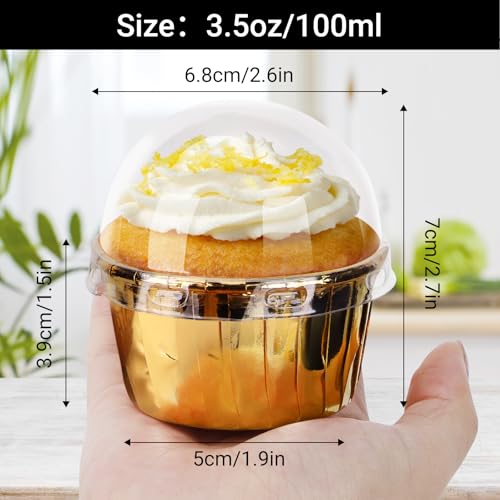 EUSOAR Gold Disposable Cupcake Cups with Lids, 3.5 oz - 50 Pack Aluminum Foil Muffin Liners for Baking