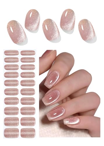 Nude Cat Eye Semi Cured Gel Nail Strips - 20pcs UV Ready Wraps for DIY Nail Art