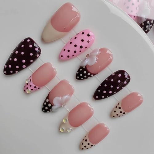 Gleamrain Handmade Almond Press-on Nails with Floral & Polka Dot Design