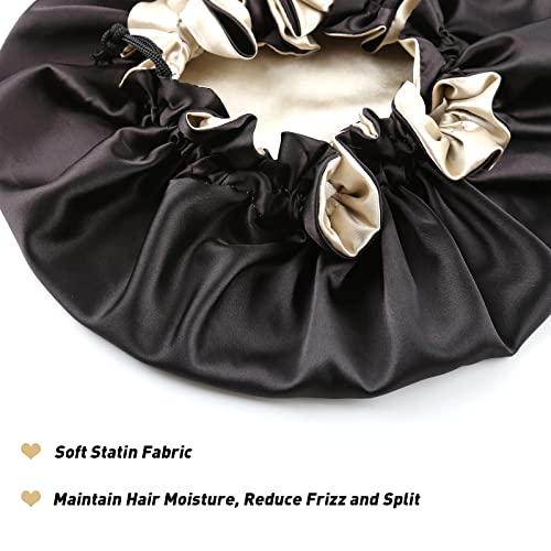 Large Satin Bonnet for Women - Adjustable Double Layer Night Cap (Black/Champagne)