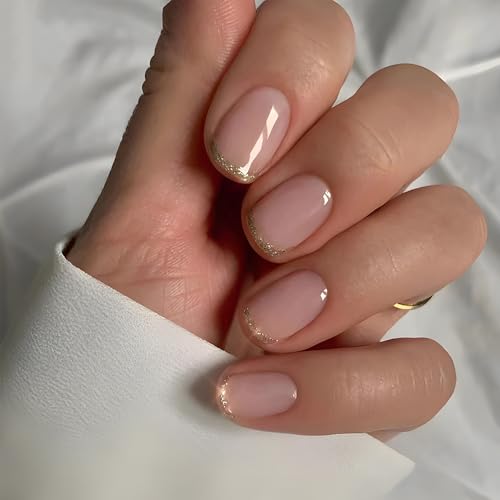 Pink Short Square Press On Nails with Gold Accent - 30 Pcs