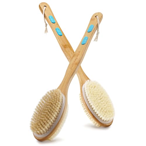 Anti-slip 2-Pk Double-Sided Body Brush with Long Handle – Back Scrubber, Soft & Firm Bristles, Wet/Dry