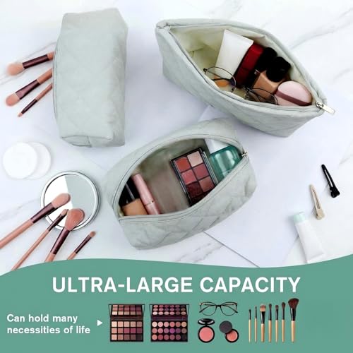 3-Piece Quilted Puffy Makeup Bag Set - Soft Travel Toiletry Pouch Organizer