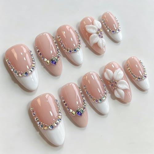 MABKJLF Medium Almond Press On Nails Style14 - 3D Floral Design, Reusable ABS False Nails with Rhinestones