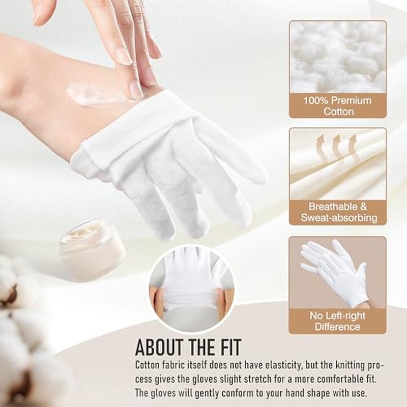 COOLJOB 100% Cotton Gloves, 6 Pairs White Cotton Gloves for Dry Hands Moisturizing & Eczema, Overnight Lotion, Sleep & Spa Treatment for Women & Men, Breathable Work Glove Liners, Medium Size