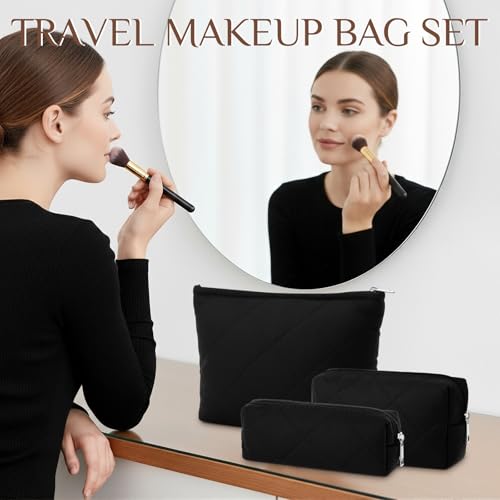 Paterr 3-Piece Black Quilted Cotton Makeup Bag Set - Foldable & Washable Cosmetic Pouches