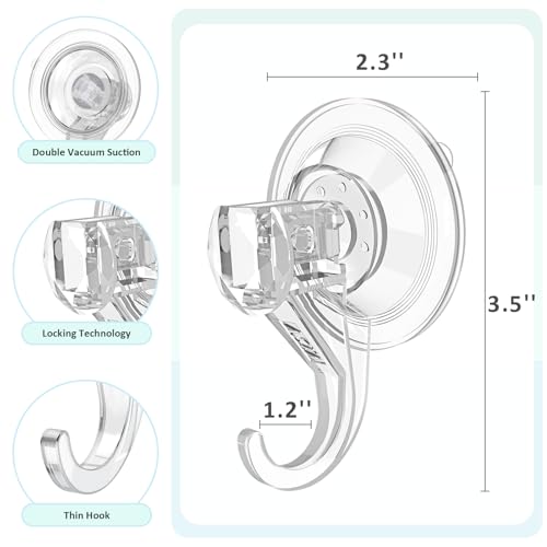 Heavy Duty Shower Suction Cup Hooks - 6 Pcs Clear, Removable & Reusable